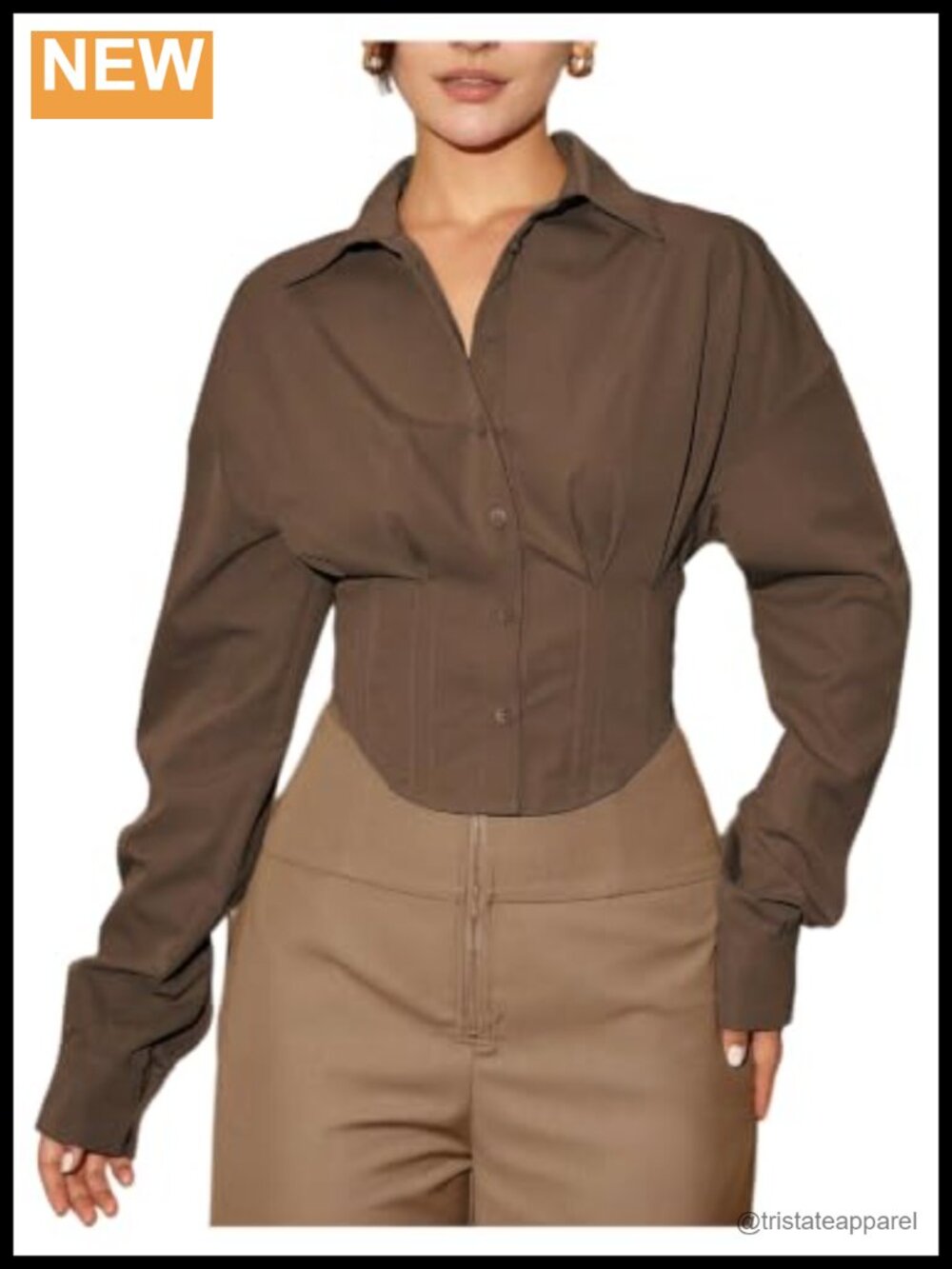 Women's Cinched Waist Crop Button Down Blouse Long Sleeve Collared Office